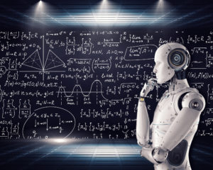 AI computer in front of black board