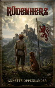 Junge und Hund vor alter Burg