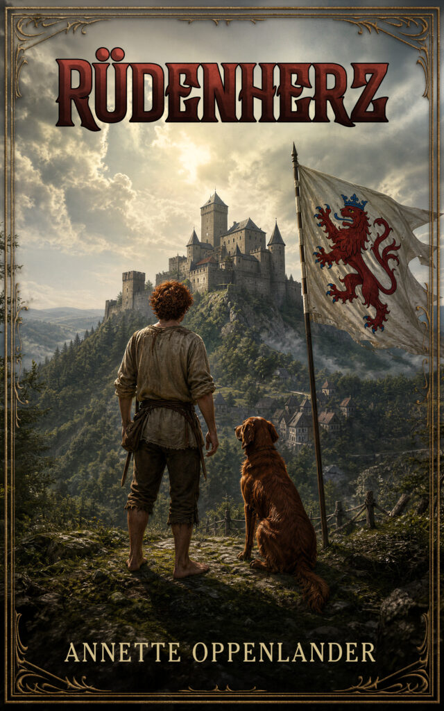 Junge mit Hund vor mittelalterlicher Burg