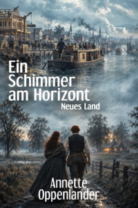 Buch Cover mit Schiff auf Kanal und jungem Paar